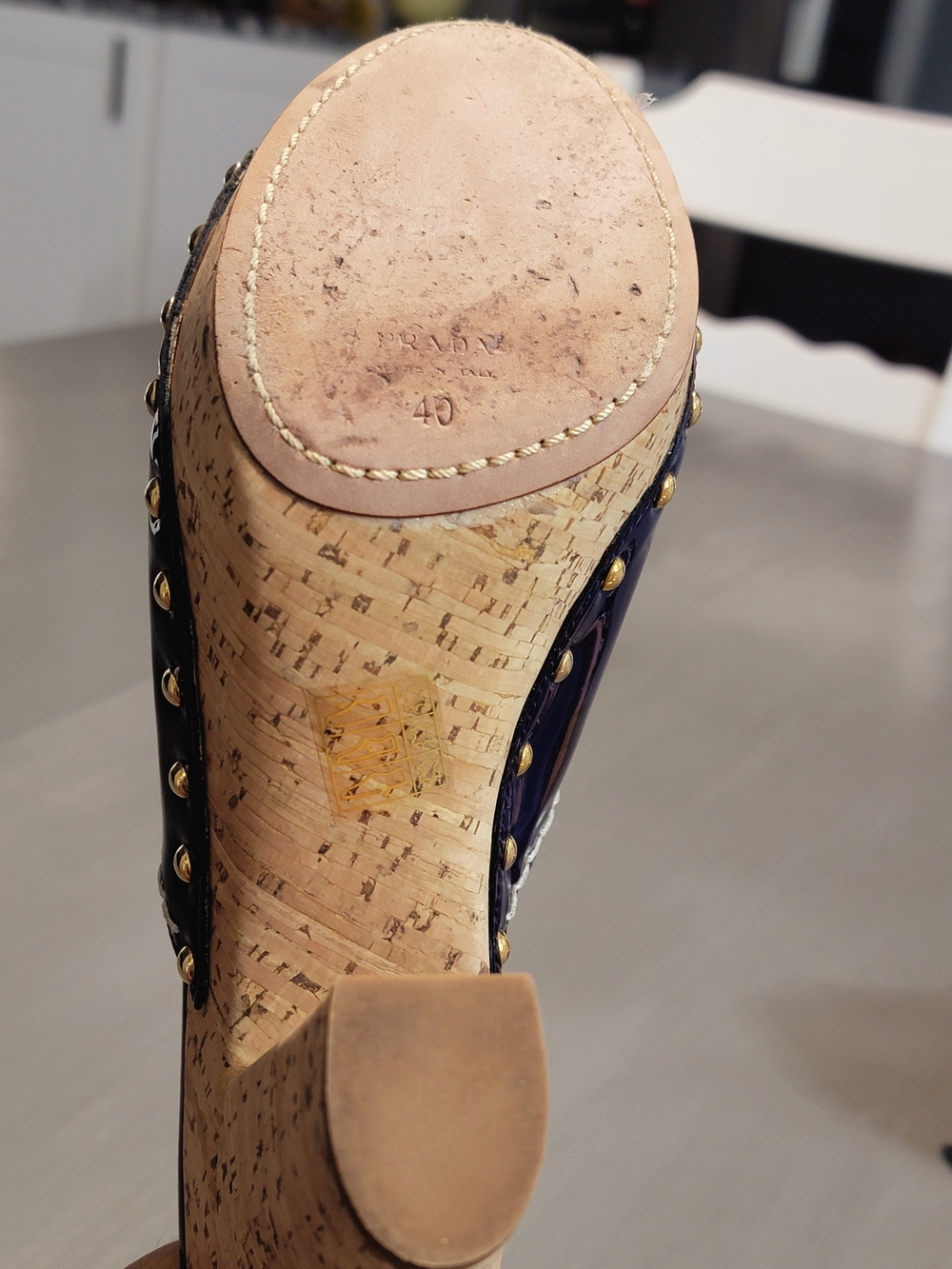 PRADA Royal Blue Patent Leather Studded Cork Platform Mules Sandals Size 40 - Picture 4 of 9